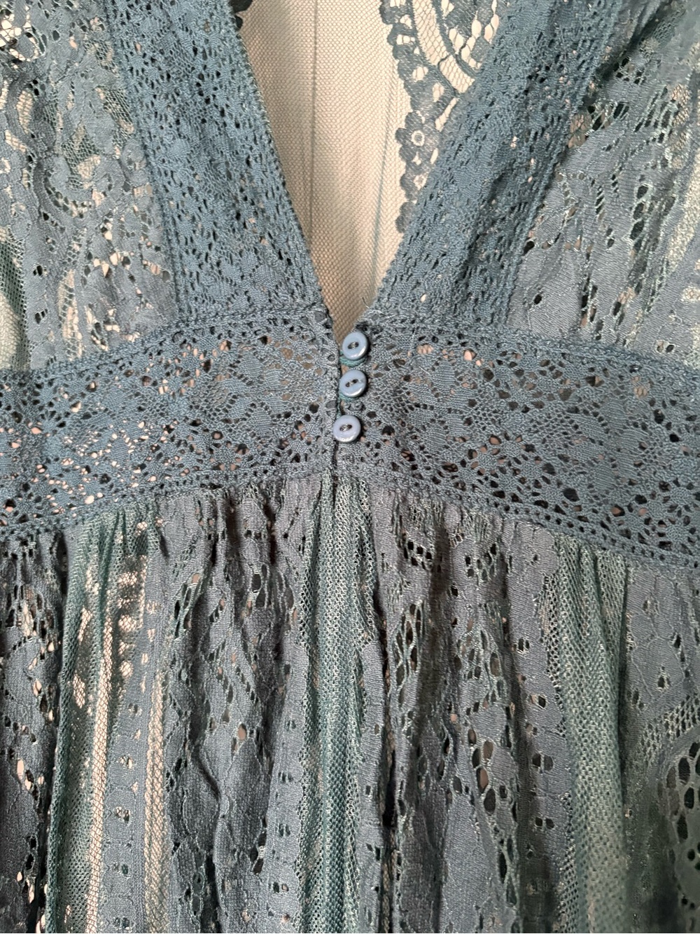 Long Teal Lace V-Neck Maxi Over-Dress with Sheer Details - Picture 3 of 5